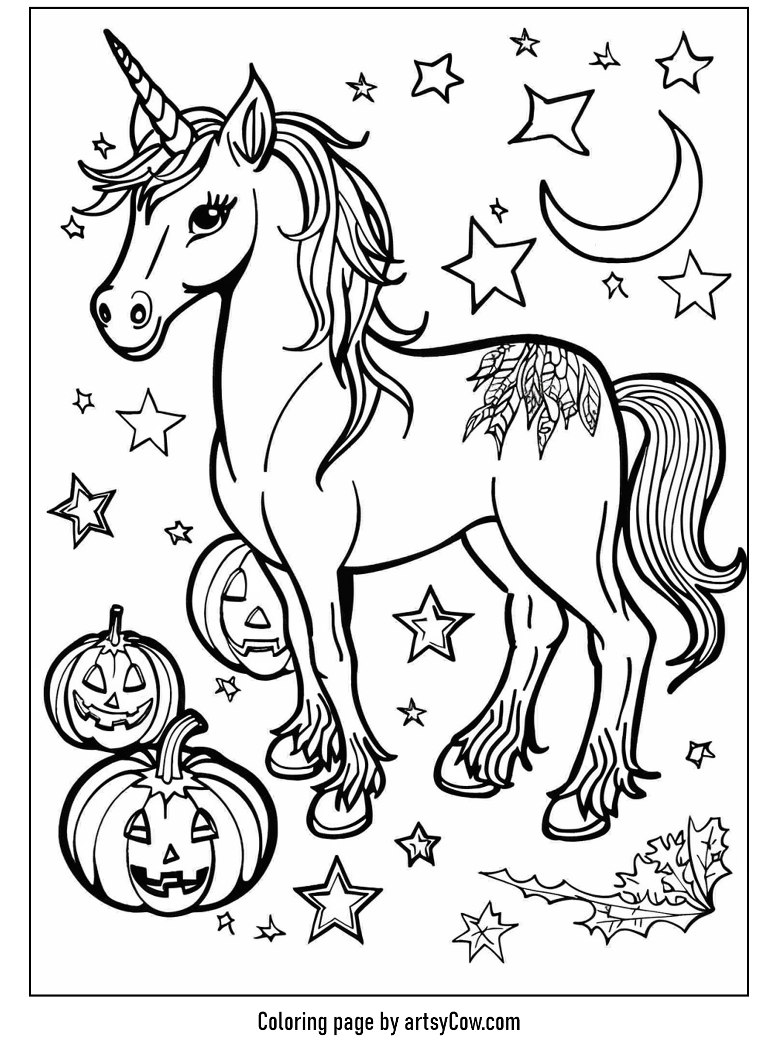 halloween coloring pages with unicorn, featuring a majestic unicorn among smiling pumpkins under a starry sky.